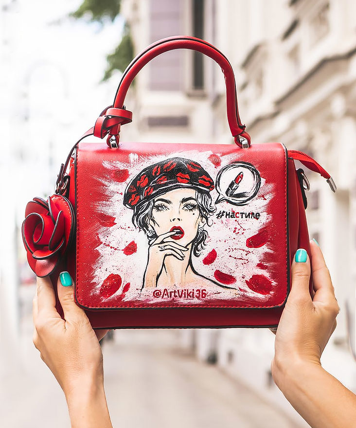 Leather Mini Tote Bag with Rose and Girl Print in Red